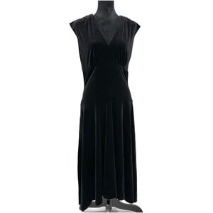 Y2K Mirage Black Velvet V-Neck Maxi Dress Chic Holidays Stretchy Women's 12